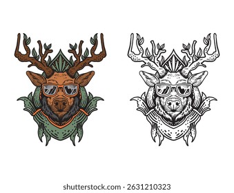 Vintage deer face with ornament background, engraving style