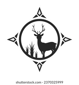 vintage deer head logo. deer hunt logo. unique deer circular logo. Deer with compass logo.