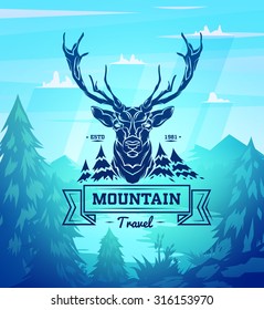 Vintage deer labels. Retro vector design graphic element,  for your design or poster. Wood background. Hunter woods background.