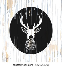 Vintage deer  logo on wood. Vector illustration.