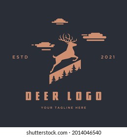 Vintage deer logo with pine tree and cloud illustration silhouette on black background for brand or logo business