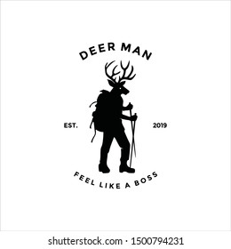 Vintage Deer man Adventure logo vector. Unique original. Half body of animal and human with back pack.  Climb, hiking, outdoor hobby activity. Curious, professional, bold, character. icon profile.