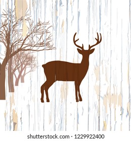 Vintage deer on wooden background. Hand-drawn vector vintage illustration.