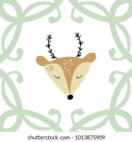Vintage deer portrait, elegant frame, label, kids art, wild animal. Decor elements, sticker. Vector, clip art. Isolated.