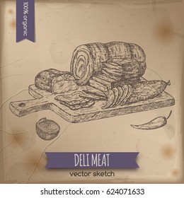 Vintage Deli Meats Platter Template Placed On Old Paper Background. Great For Market, Restaurant, Grill Cafe, Food Label Design.