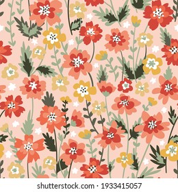 Vintage delicate flowery pattern. Wildflowers pink and yellow. Seamless floral background for wrapping, textile, wallpaper. Vector flowers texture