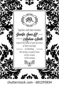 Vintage delicate formal invitation card with black and white lacy design for wedding, marriage, bridal. Baroque style flourish decoration.
