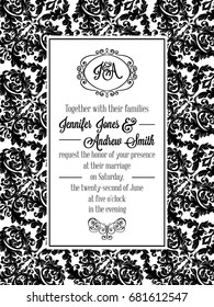Vintage delicate formal invitation card with black and white lacy design for wedding, marriage, bridal. Baroque style flourish decoration.