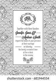Vintage delicate formal invitation card with black and white lacy design for wedding, marriage, bridal