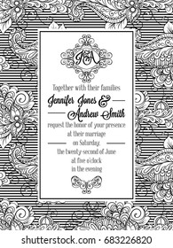 Vintage delicate formal invitation card with black and white lacy design for wedding, marriage, bridal