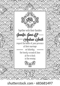 Vintage delicate formal invitation card with black and white lacy design for wedding, marriage, bridal