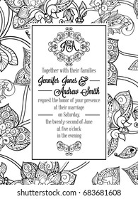 Vintage delicate formal invitation card with black and white lacy design for wedding, marriage, bridal