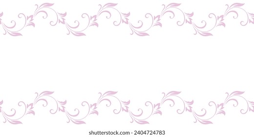 Marco delicado vintage, borde de hojas estilizadas, flores y rizos en líneas rosas sobre fondo blanco. Borde horizontal superior e inferior, decoración. Fondo del vector, fondo de pantalla