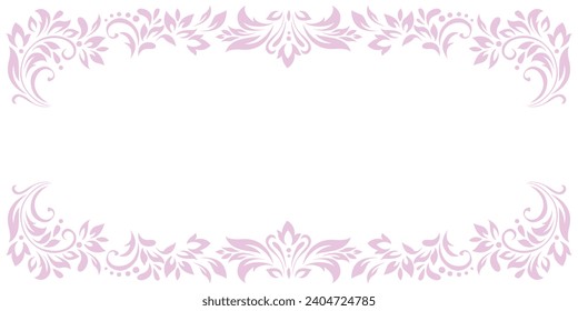 Vintage delicate frame, border of stylized leaves, flowers and curls in pink lines on white background. Horizontal top and bottom edging, decoration. Vector backdrop, wallpaper