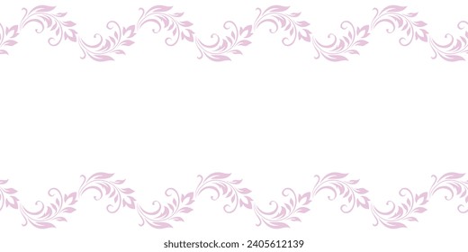 Vintage delicate frame, border of stylized leaves, flowers and curls in pink lines on white background. Horizontal top and bottom edging, decoration