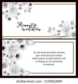 Vintage delicate greeting invitation card template design with flowers for wedding, marriage, bridal, birthday, Valentine's day. Romantic vector illustration.