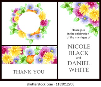 Vintage delicate greeting invitation card template design with flowers for wedding, marriage, bridal, birthday, Valentine's day. Romantic vector illustration.