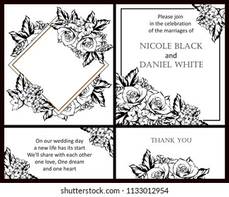 Vintage delicate greeting invitation card template design with flowers for wedding, marriage, bridal, birthday, Valentine's day. Romantic vector illustration.