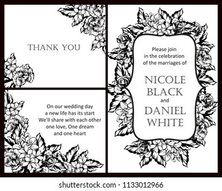 Vintage delicate greeting invitation card template design with flowers for wedding, marriage, bridal, birthday, Valentine's day. Romantic vector illustration.