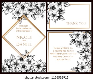 Vintage delicate greeting invitation card template design with flowers for wedding, marriage, bridal, birthday, Valentine's day. Romantic vector illustration.
