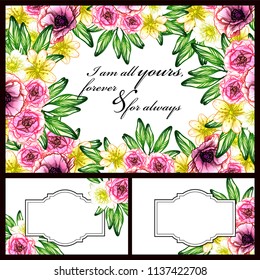 Vintage delicate greeting invitation card template design with flowers for wedding, marriage, bridal, birthday, Valentine's day. Romantic vector illustration.
