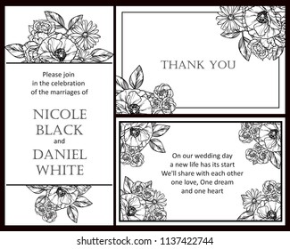 Vintage delicate greeting invitation card template design with flowers for wedding, marriage, bridal, birthday, Valentine's day. Romantic vector illustration.
