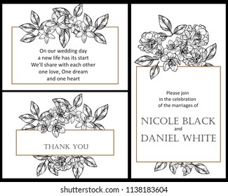 Vintage delicate greeting invitation card template design with flowers for wedding, marriage, bridal, birthday, Valentine's day. Romantic vector illustration.
