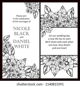 Vintage delicate greeting invitation card template design with flowers for wedding, marriage, bridal, birthday, Valentine's day. Romantic vector illustration.
