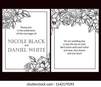Vintage delicate greeting invitation card template design with flowers for wedding, marriage, bridal, birthday, Valentine's day. Romantic vector illustration.
