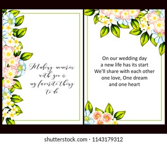 Vintage delicate greeting invitation card template design with flowers for wedding, marriage, bridal, birthday, Valentine's day. Romantic vector illustration.
