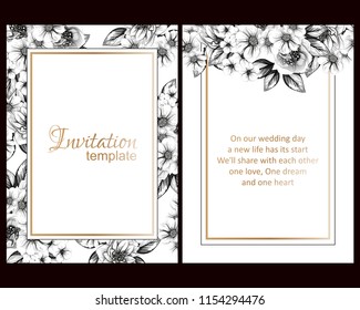 Vintage delicate greeting invitation card template design with flowers for wedding, marriage, bridal, birthday, Valentine's day. Romantic vector illustration.
