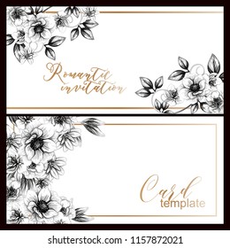 Vintage delicate greeting invitation card template design with flowers for wedding, marriage, bridal, birthday, Valentine's day. Romantic vector illustration.