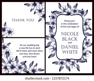 Vintage delicate greeting invitation card template design with flowers for wedding, marriage, bridal, birthday, Valentine's day. Romantic vector illustration.
