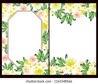 Vintage delicate greeting invitation card template design with flowers for wedding, marriage, bridal, birthday, Valentine's day. Romantic vector illustration.