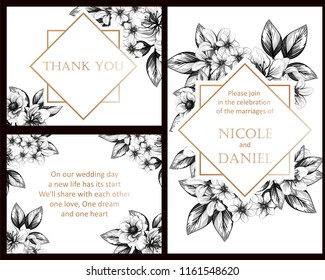 Vintage delicate greeting invitation card template design with flowers for wedding, marriage, bridal, birthday, Valentine's day. Romantic vector illustration.