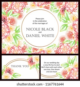 Vintage delicate greeting invitation card template design with flowers for wedding, marriage, bridal, birthday, Valentine's day. Romantic vector illustration.
