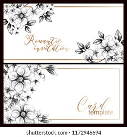 Vintage delicate greeting invitation card template design with flowers for wedding, marriage, bridal, birthday, Valentine's day. Romantic vector illustration.