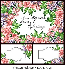 Vintage delicate greeting invitation card template design with flowers for wedding, marriage, bridal, birthday, Valentine's day. Romantic vector illustration.