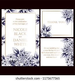 Vintage delicate greeting invitation card template design with flowers for wedding, marriage, bridal, birthday, Valentine's day. Romantic vector illustration.