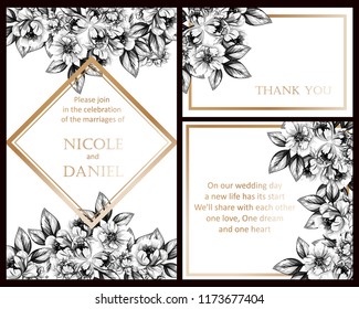 Vintage delicate greeting invitation card template design with flowers for wedding, marriage, bridal, birthday, Valentine's day. Romantic vector illustration.