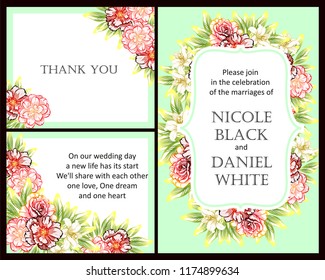 Vintage delicate greeting invitation card template design with flowers for wedding, marriage, bridal, birthday, Valentine's day. Romantic vector illustration.