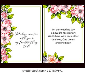 Vintage delicate greeting invitation card template design with flowers for wedding, marriage, bridal, birthday, Valentine's day. Romantic vector illustration.