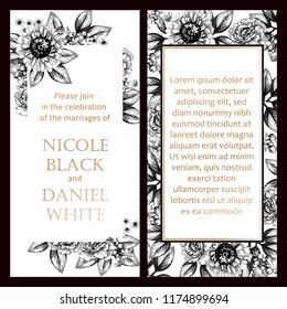Vintage delicate greeting invitation card template design with flowers for wedding, marriage, bridal, birthday, Valentine's day. Romantic vector illustration.
