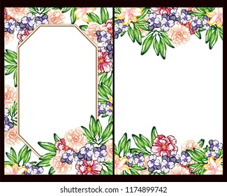 Vintage delicate greeting invitation card template design with flowers for wedding, marriage, bridal, birthday, Valentine's day. Romantic vector illustration.