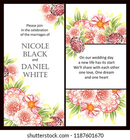 Vintage delicate greeting invitation card template design with flowers for wedding, marriage, bridal, birthday, Valentine's day. Romantic vector illustration.