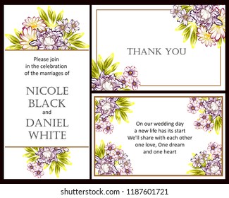 Vintage delicate greeting invitation card template design with flowers for wedding, marriage, bridal, birthday, Valentine's day. Romantic vector illustration.