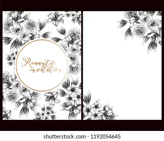 Vintage delicate greeting invitation card template design with flowers for wedding, marriage, bridal, birthday, Valentine's day. Romantic vector illustration.