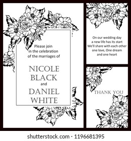 Vintage delicate greeting invitation card template design with flowers for wedding, marriage, bridal, birthday, Valentine's day. Romantic vector illustration.