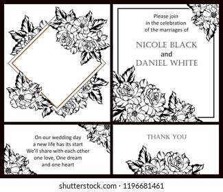 Vintage delicate greeting invitation card template design with flowers for wedding, marriage, bridal, birthday, Valentine's day. Romantic vector illustration.