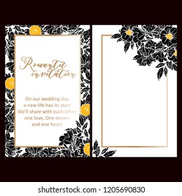 Vintage delicate greeting invitation card template design with flowers for wedding, marriage, bridal, birthday, Valentine's day. Romantic vector illustration.